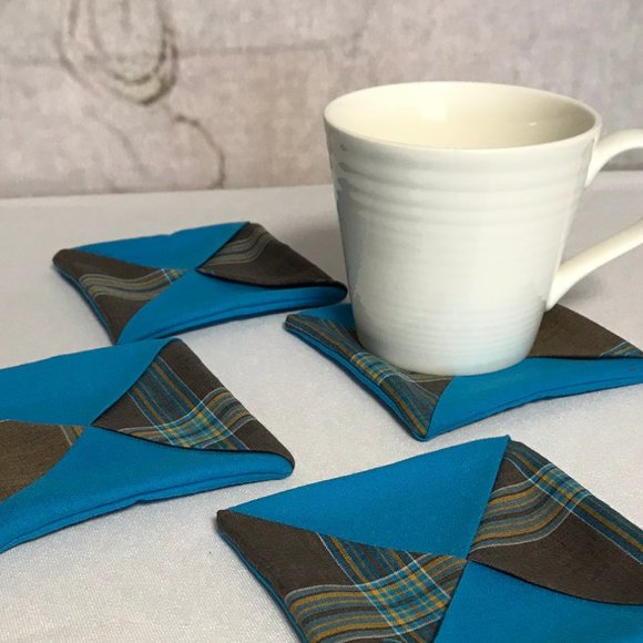 Handmade Fabric Coasters Set of 4 brown blue - Picture 1 of 5